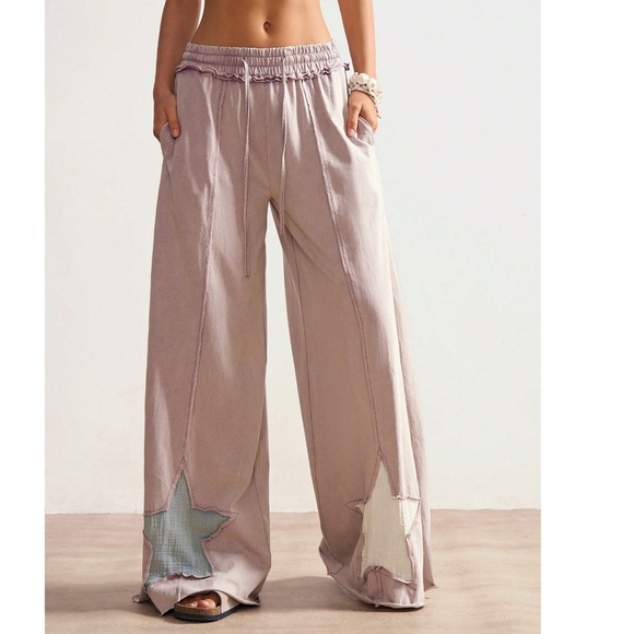 Boho Cotton Star Patch Stretchy Waist Wide leg Lounge Pants - Picture 7 of 7